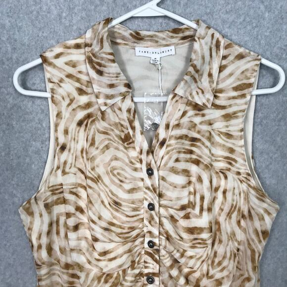 Jane Delancey Shirt Women Medium Blouse Sleeveless Button Animal Mob Wife Ruched - Picture 2 of 9
